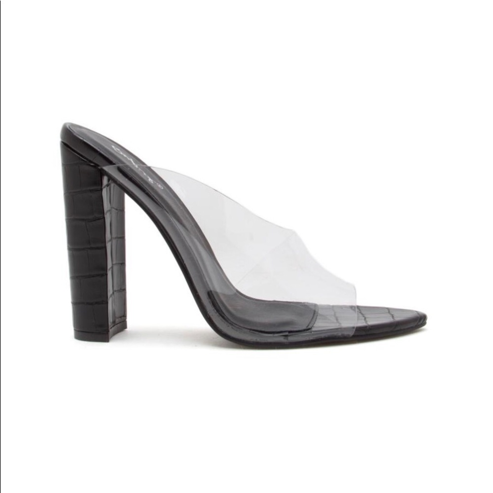 WOMENS BLACK CROC MULE HEEL SANDALS SIZE 6